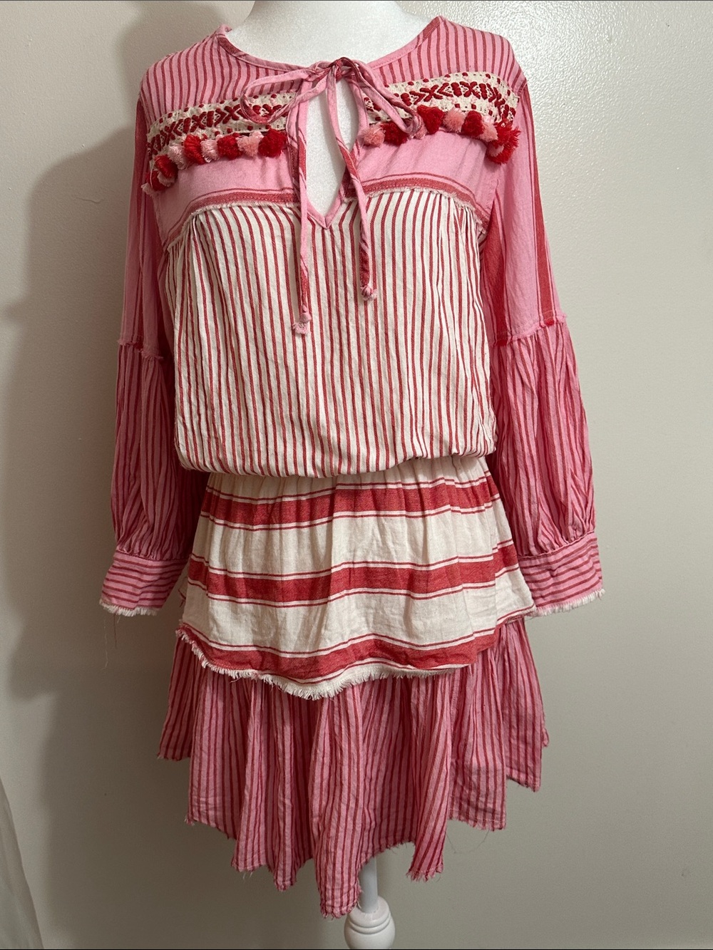 Devotion TWINS Pink Striped Tie-Front Tiered Mini Dress with Pom Trim